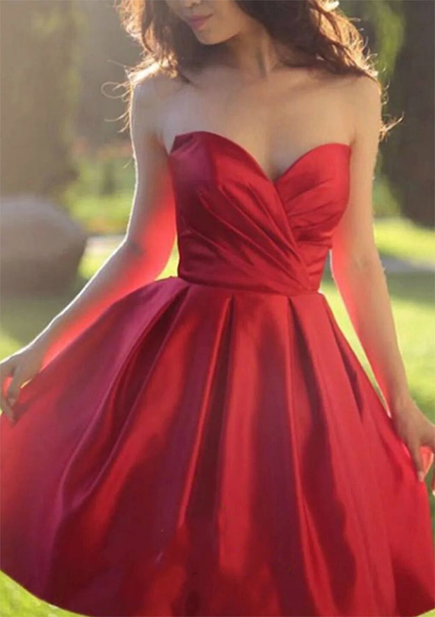 Vestido de fiesta de satén corto/mini sin mangas con escote corazón y pliegues